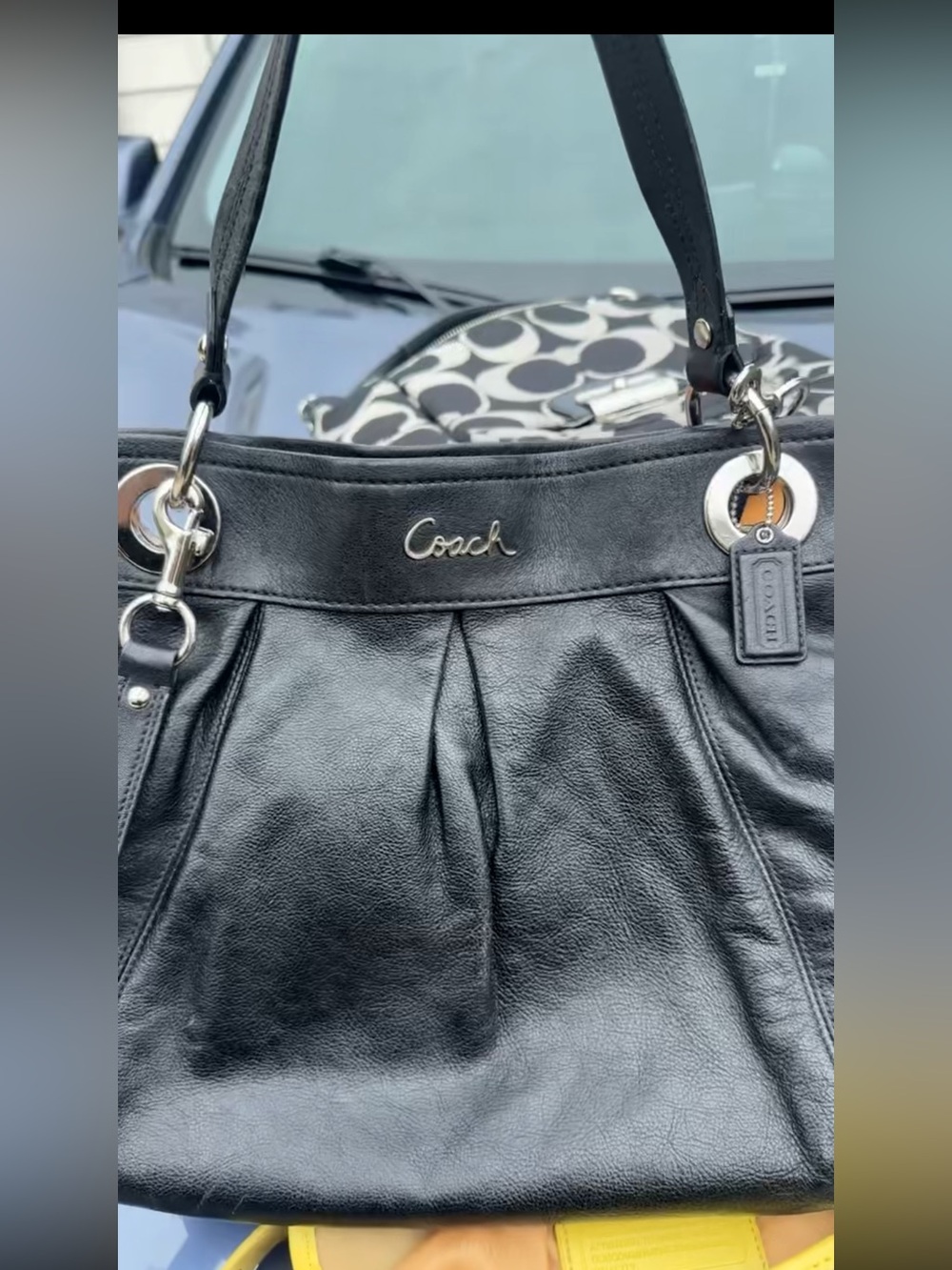 Coach Black Leather Pleated Shoulder Bag with Silver Hardware